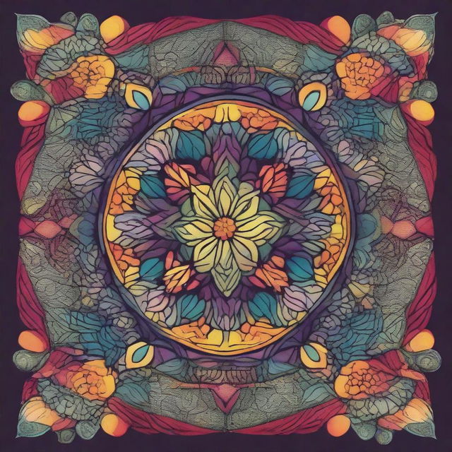 A beautifully intricate mandala design with symmetrical patterns and vibrant colors