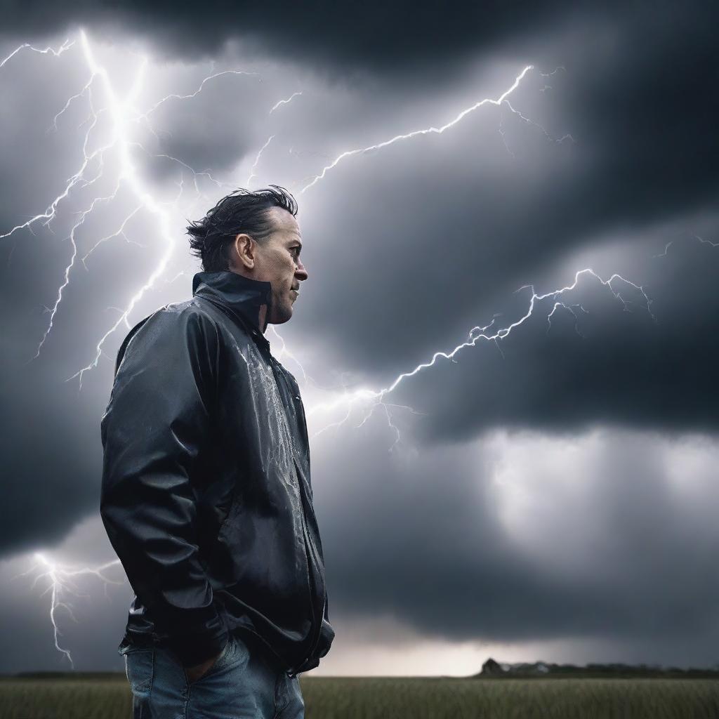 A man facing sideways in a storm, with strong winds blowing and dark clouds in the sky