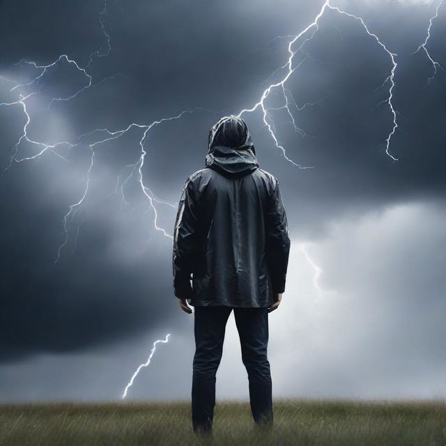 A man facing sideways in a storm, with strong winds blowing and dark clouds in the sky