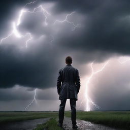 A man facing sideways in a storm, with strong winds blowing and dark clouds in the sky