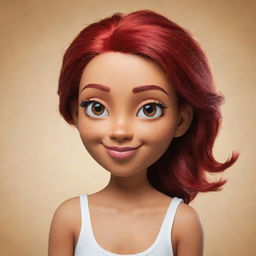 Craft a lively image of a female cartoon character with dyed red hair, brown eyes, and tan skin.