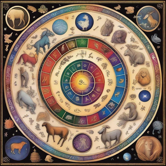 A detailed and artistic representation of the Zodiac signs, featuring all twelve astrological symbols in a harmonious and visually appealing arrangement