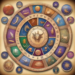 A detailed and artistic representation of the Zodiac signs, featuring all twelve astrological symbols in a harmonious and visually appealing arrangement