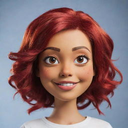 Craft a lively image of a female cartoon character with dyed red hair, brown eyes, and tan skin.