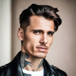 A handsome man headshot facing sideways, wearing a leather jacket