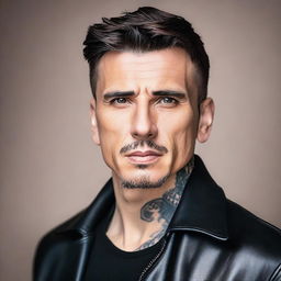 A handsome man headshot facing sideways, wearing a leather jacket