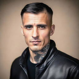 A handsome man headshot facing sideways, wearing a leather jacket