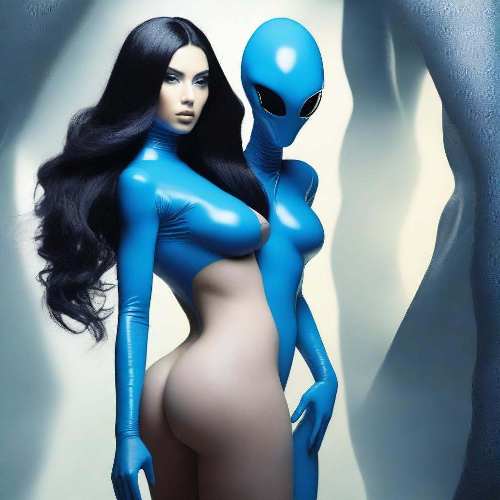 Create an image of a woman with an alien face, long black hair, very large buttocks, and wearing sensual blue clothing