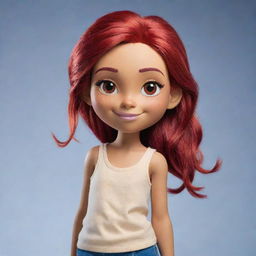 Craft a lively image of a female cartoon character with dyed red hair, brown eyes, and tan skin.