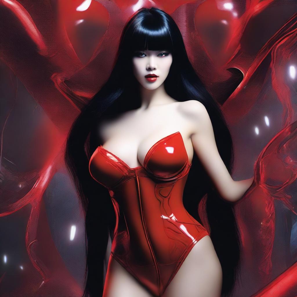 Create an image of a woman with an alien face, long black hair, very large breasts, wearing red lingerie