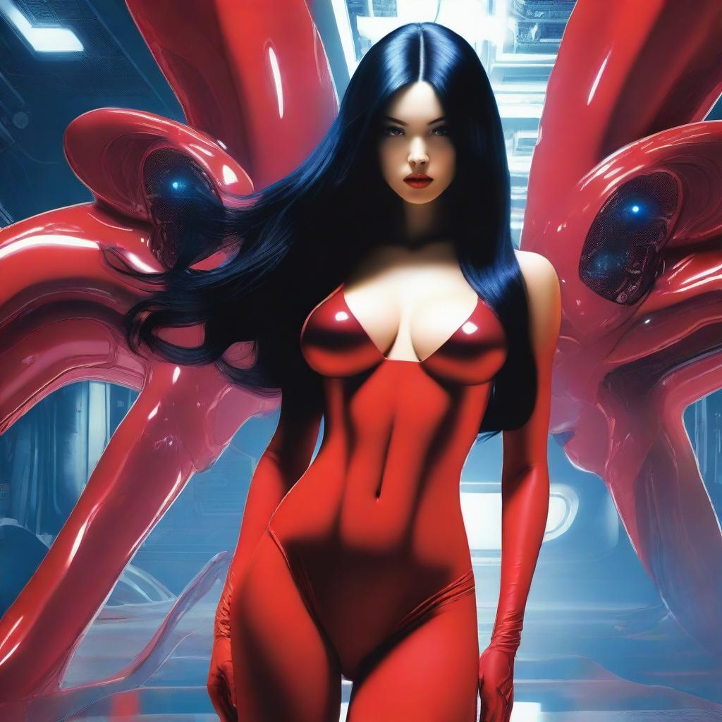 Create an image of a woman with an alien face, long black hair, very large breasts, wearing red lingerie