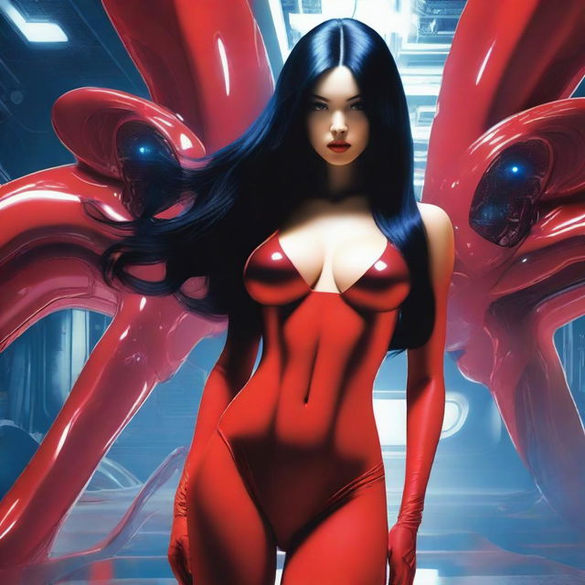 Create an image of a woman with an alien face, long black hair, very large breasts, wearing red lingerie