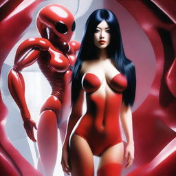 Create an image of a woman with an alien face, long black hair, very large breasts, wearing red lingerie