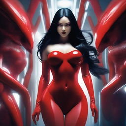 Create an image of a woman with an alien face, long black hair, very large breasts, wearing red lingerie