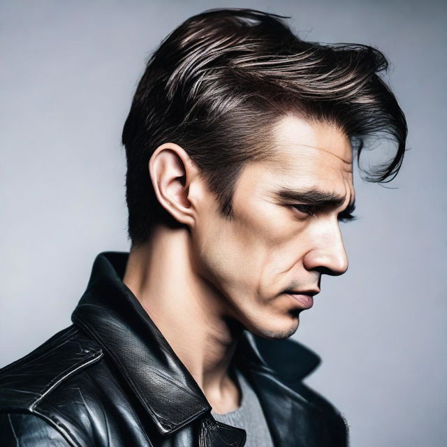 A man facing sideways, wearing a leather jacket with a raised eyebrow