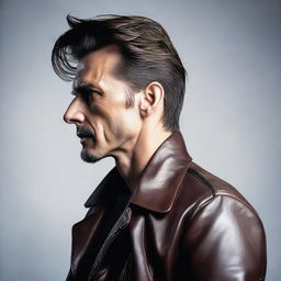 A man facing sideways, wearing a leather jacket with a raised eyebrow