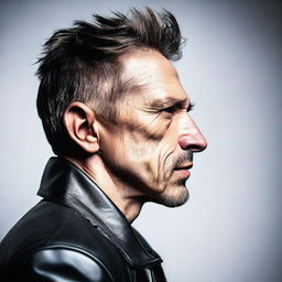 A man facing sideways, wearing a leather jacket with a raised eyebrow