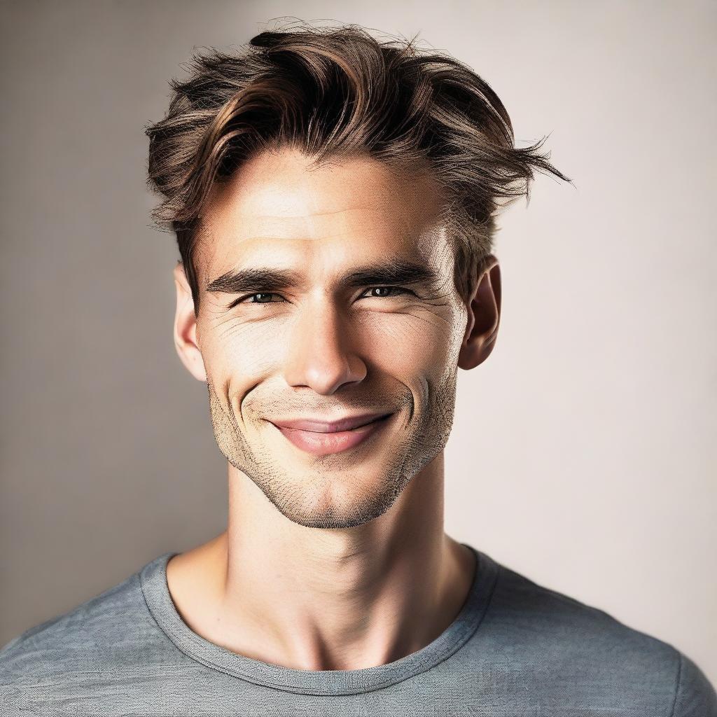 A high-quality headshot of a male model facing sideways, winking at the camera