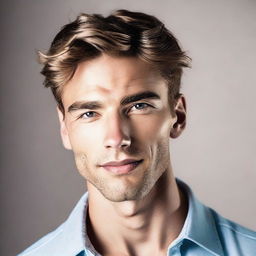 A high-quality headshot of a male model facing sideways, winking at the camera