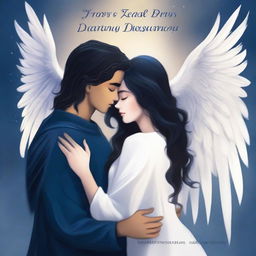 Create a book cover in navy blue colors featuring an angel with black hair