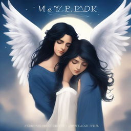 Create a book cover in navy blue colors featuring an angel with black hair