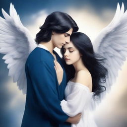 Create a book cover in navy blue colors featuring an angel with black hair