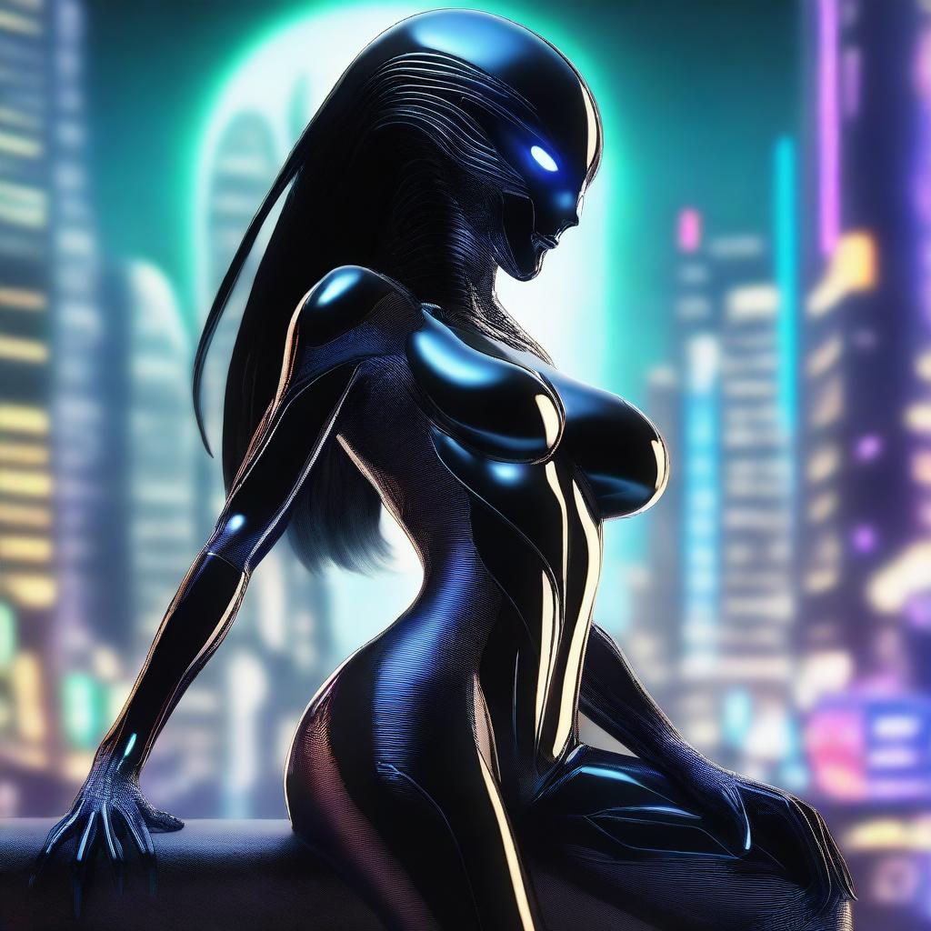 Create an image of an alien with large breasts, long black hair, wearing sensual latex clothing