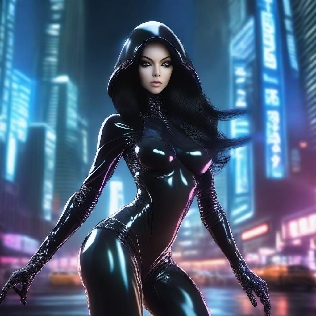 Create an image of an alien with large breasts, long black hair, wearing sensual latex clothing