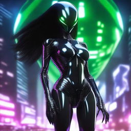 Create an image of an alien with large breasts, long black hair, wearing sensual latex clothing