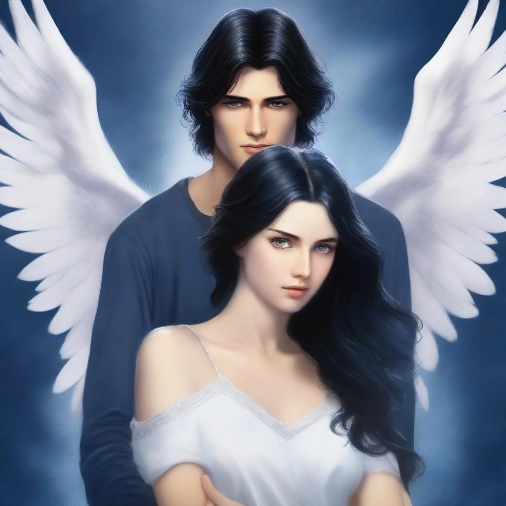 Create a navy blue book cover featuring an angel with black hair