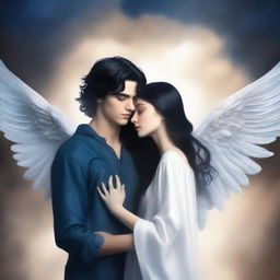 Create a navy blue book cover featuring an angel with black hair