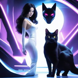 Create an image of an alien with large breasts and long black hair, wearing white clothing, with a black cat by its side