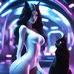 Create an image of an alien with large breasts and long black hair, wearing white clothing, with a black cat by its side