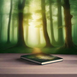 Create a captivating book cover featuring a mystical forest with towering trees and a hidden path