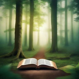 Create a captivating book cover featuring a mystical forest with towering trees and a hidden path