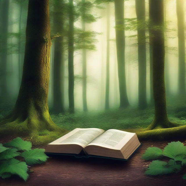 Create a captivating book cover featuring a mystical forest with towering trees and a hidden path