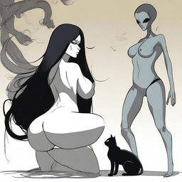 Create an image of a woman with large buttocks, large breasts, and long black hair, accompanied by a grey alien and a black cat