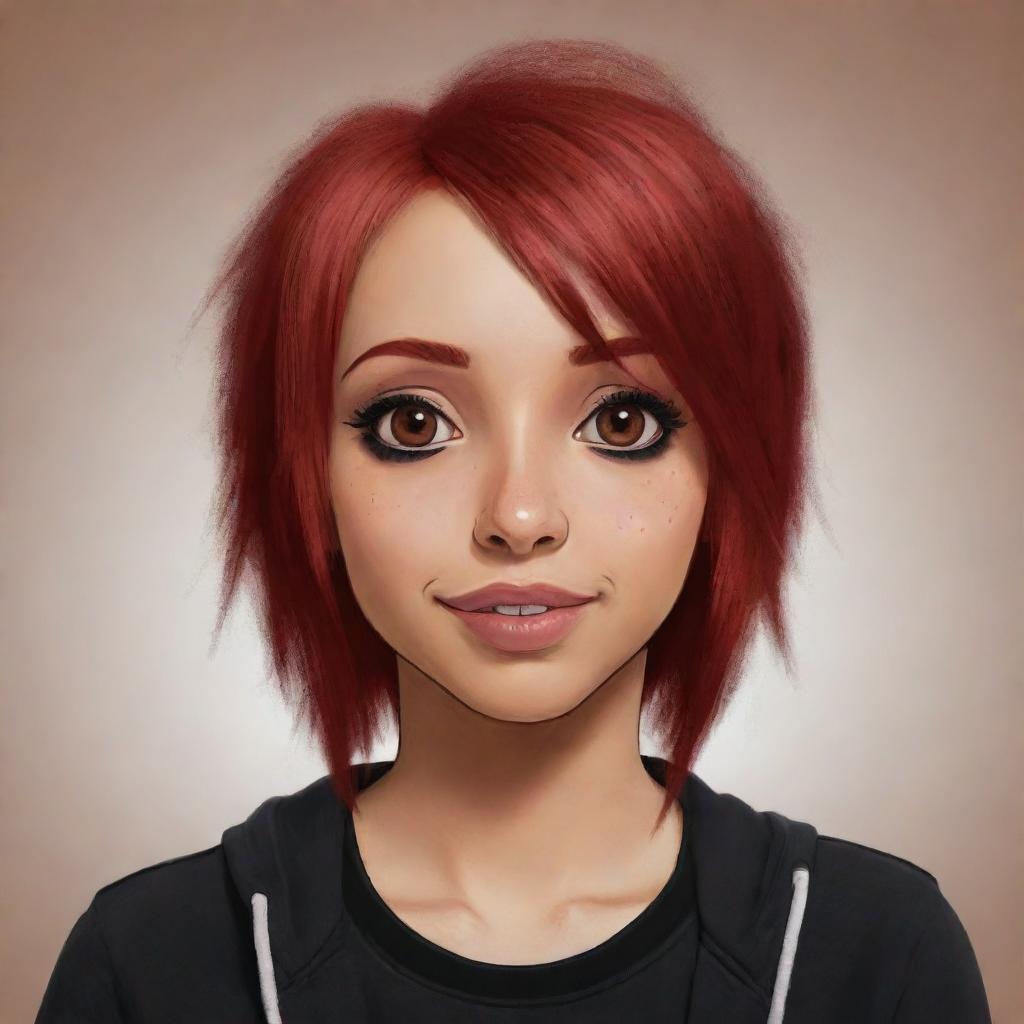 Create an expressive image of a female emo cartoon character with dyed red hair, brown eyes, and tan skin.