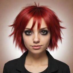 Create an expressive image of a female emo cartoon character with dyed red hair, brown eyes, and tan skin.