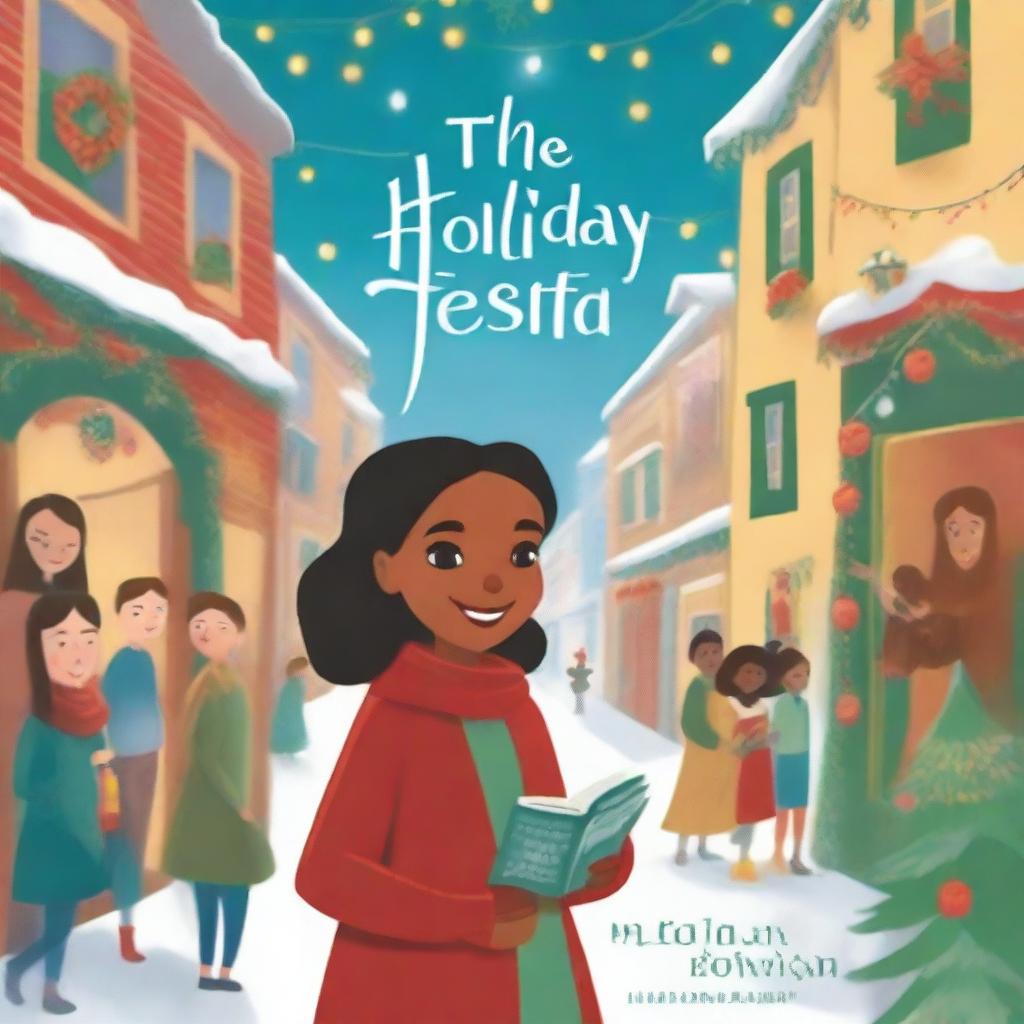 Create a heartwarming storybook cover for 'The Holiday Fiesta' by Leya Pooh in a 9:16 aspect ratio