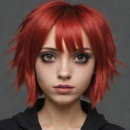 Create an expressive image of a female emo cartoon character with dyed red hair, brown eyes, and tan skin.