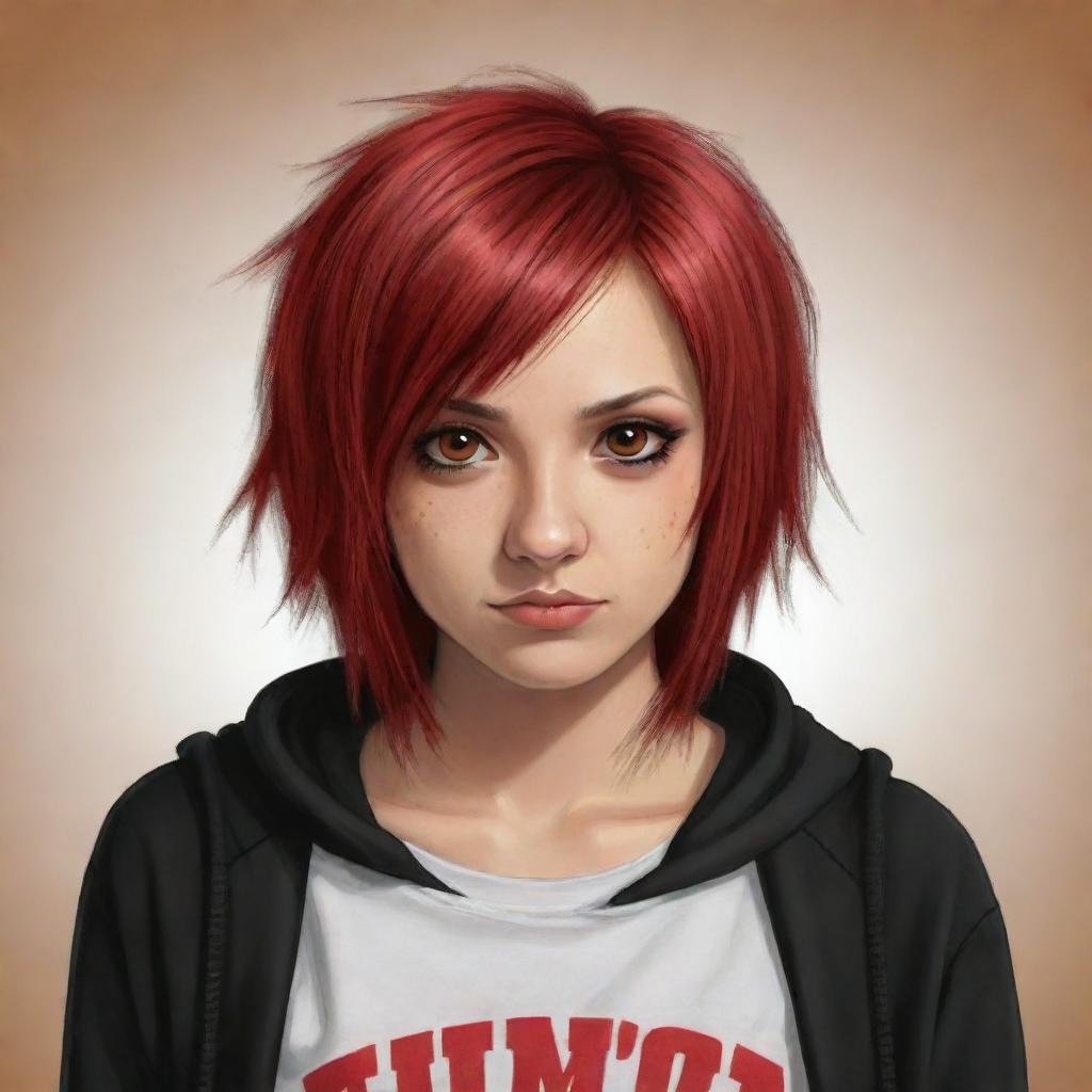 Create an expressive image of a female emo cartoon character with dyed red hair, brown eyes, and tan skin.