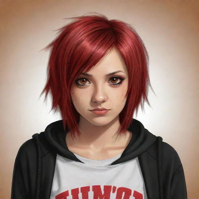 Create an expressive image of a female emo cartoon character with dyed red hair, brown eyes, and tan skin.