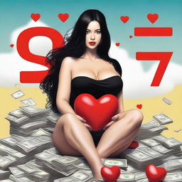 Create a realistic image of a woman with very large breasts, long black hair, sitting on a pile of dollars