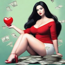 Create a realistic image of a woman with very large breasts, long black hair, sitting on a pile of dollars