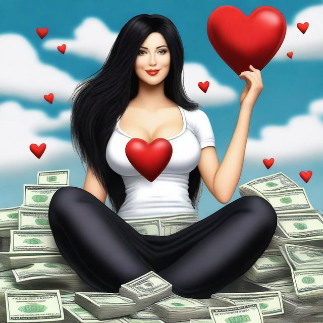 Create a realistic image of a woman with very large breasts, long black hair, sitting on a pile of dollars