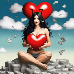 Create a realistic image of a woman with very large breasts, long black hair, sitting on a pile of dollars