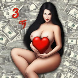 Create a realistic image of a woman with very large breasts, long black hair, sitting on a pile of dollars