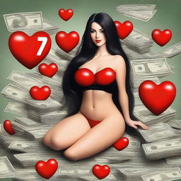 Create a realistic image of a woman with very large breasts, long black hair, sitting on a pile of dollars