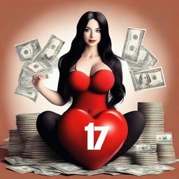 Create a realistic image of a woman with very large breasts, long black hair, sitting on a pile of dollars